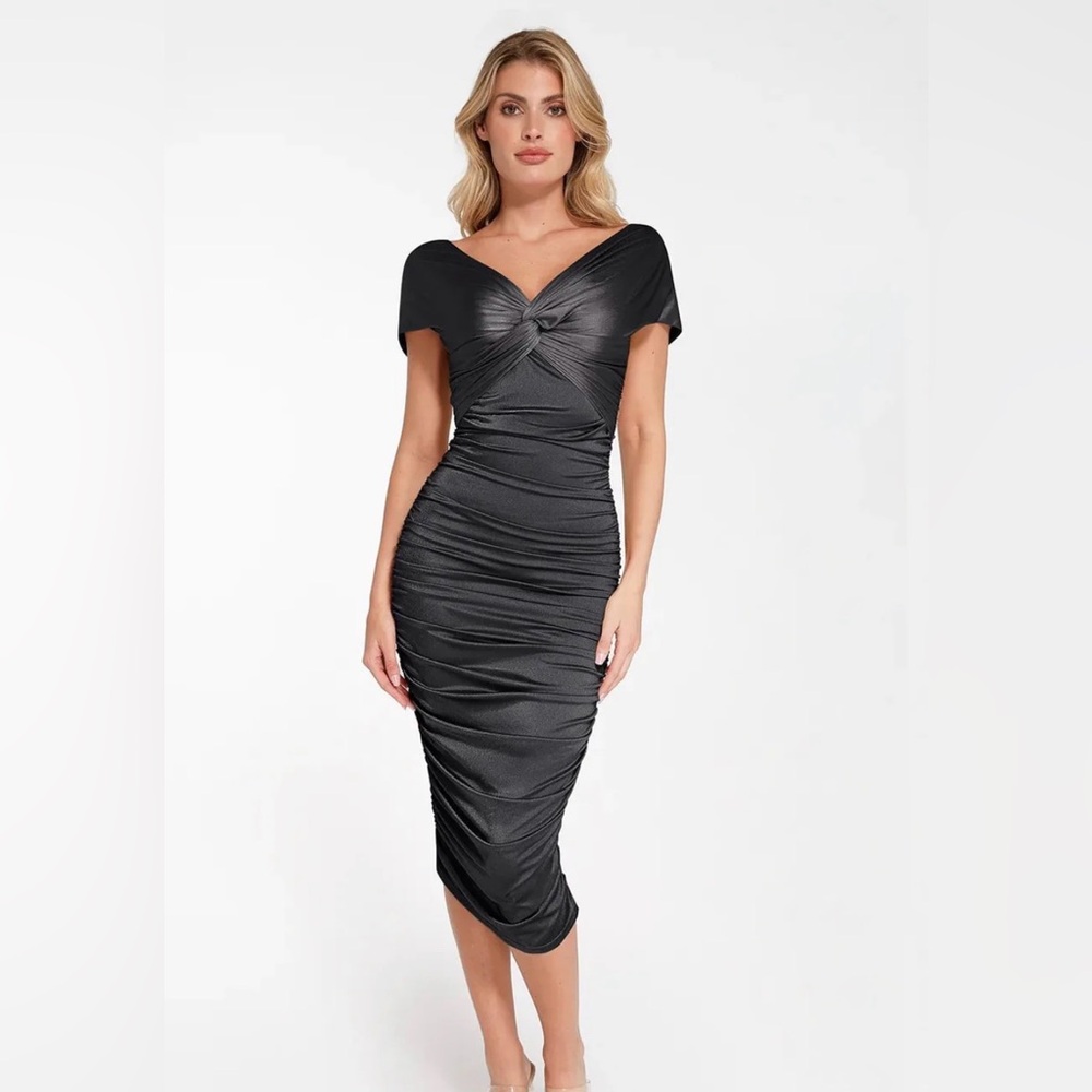 Popilush Elegant Black Ruched Dress Sm New With Tags